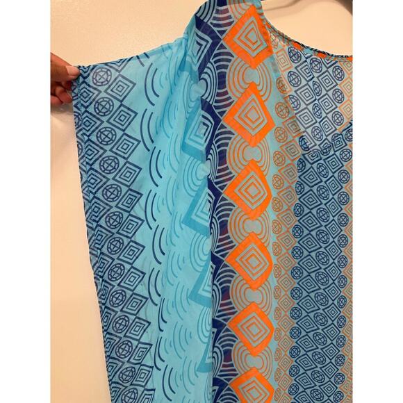 Blue Orange Geometric Print Chiffon Kaftan Beach Swim Cover Up One Size NWOT - Picture 4 of 7